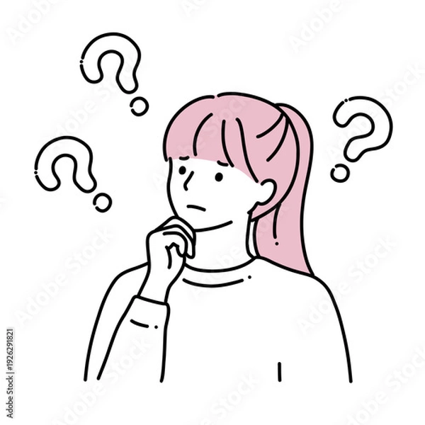 Obraz 複数のクエスチョンマークと若い女性　線画イラスト