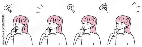 Obraz シンプル線画　顎に手をあてているいろいろな表情の若い女性　セット