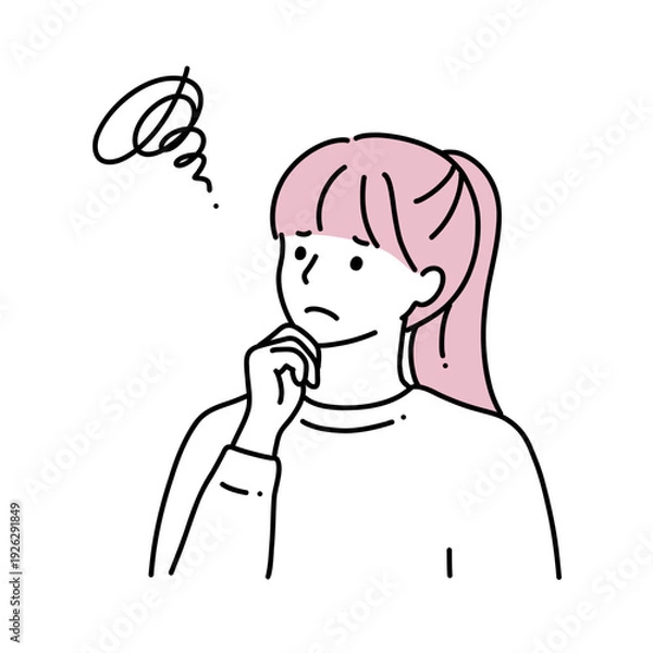 Obraz シンプル線画　顎に手をあてて困っている若い女性