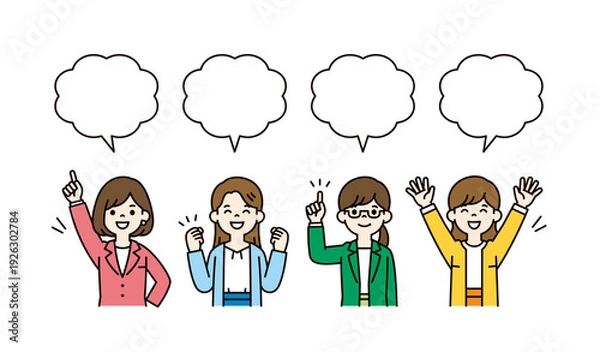 Obraz 吹き出しと、オフィスで働く複数の若い女性社員・ビジネスウーマンのベクターイラスト素材セット