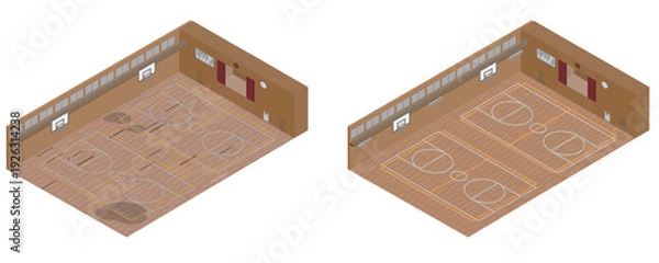 Obraz 体育館の床の老朽化に伴う改修のビフォーアフターのアイソメトリックイラスト