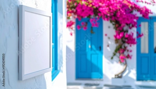 Obraz 地中海の光に照らされた漆喰壁と空白のモダンなホワイトボードモックアップ