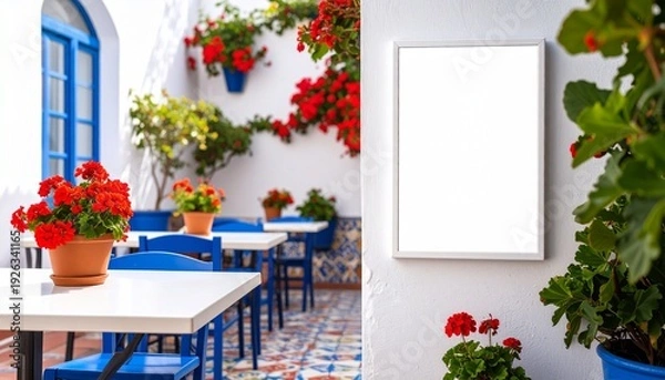 Obraz アンダルシアの伝統的な中庭をイメージした空白のポスターフレームと花の装飾