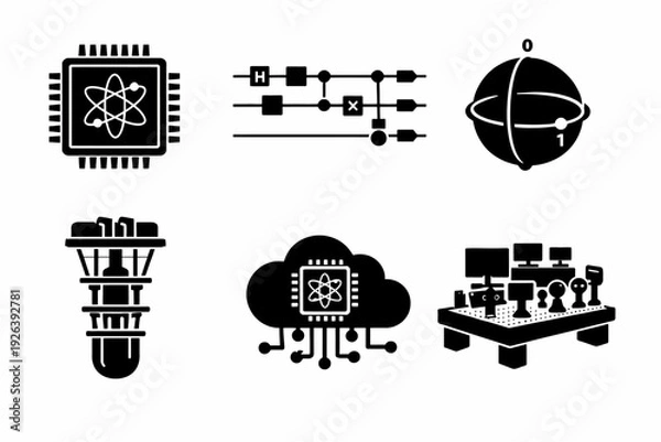 Obraz Quantum computing icons set: chip, qubit, circuit, cloud technology symbols