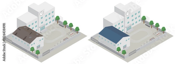 Obraz 老朽化した学校の体育館の屋根の改修のビフォーアフターアイソメトリックイラスト