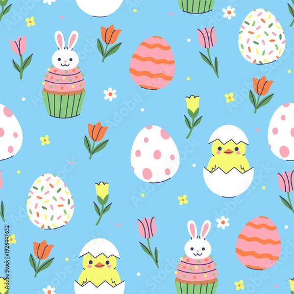 Fototapeta A simple Easter pattern with eggs, flowers, and chicks. Vector graphics.