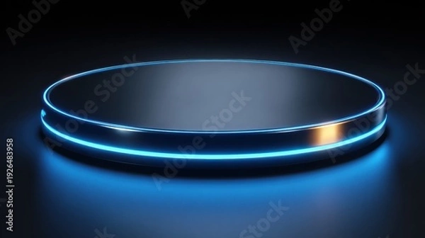 Obraz Dark circular podium with blue neon ring