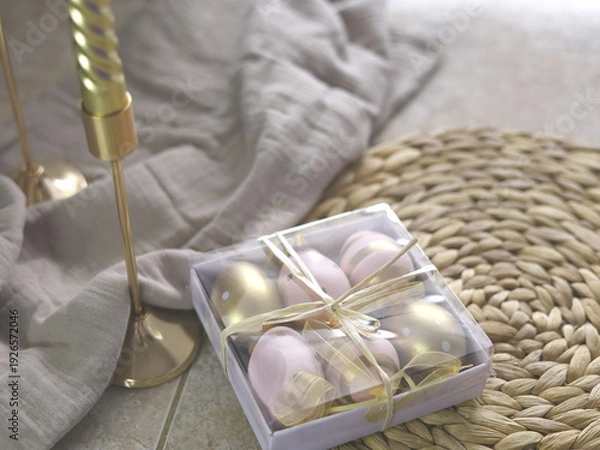 Obraz Pastel And Metallic Easter Eggs In Gift Box
