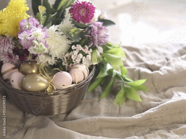 Obraz Spring Easter Basket With Pastel Eggs And Flowers