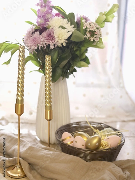 Obraz Spring tabletop scene with flowers and candles