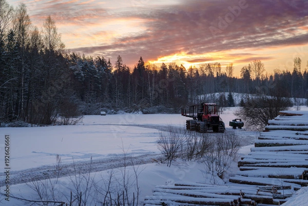 Obraz Forest tractor at the log yard