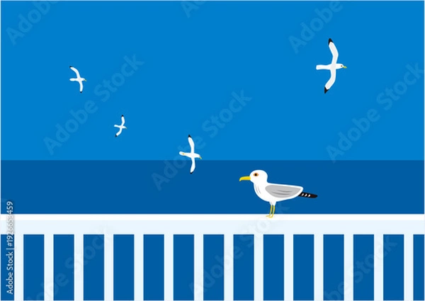 Obraz 青い空と海の水平線とカモメのイラスト