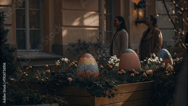 Obraz Charming Spring Garden with Painted Easter Eggs and Blossoms - 7