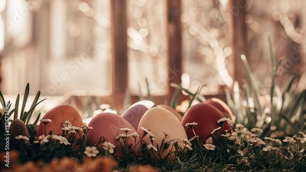 Obraz Charming Spring Garden with Painted Easter Eggs and Blossoms - 6