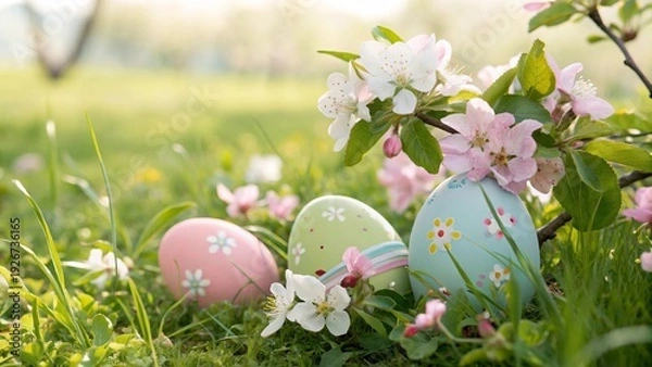 Obraz Charming Spring Garden with Painted Easter Eggs and Blossoms - 2