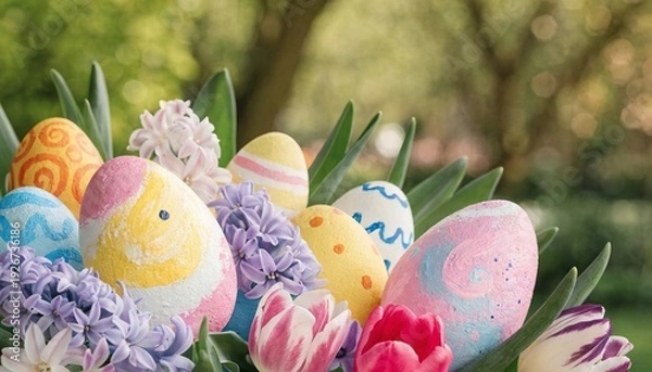 Obraz Charming Spring Garden with Painted Easter Eggs and Blossoms