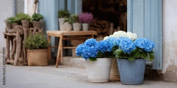 Obraz Vibrant blue hydrangeas in pots on rustic terrace