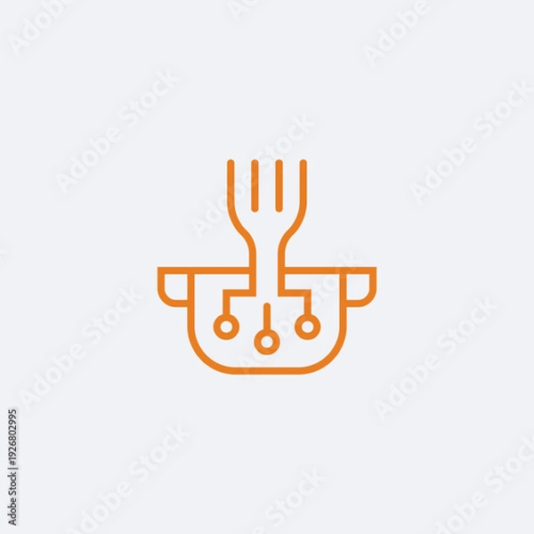 Obraz Smart Kitchen Technology Logo with Cooking Pot Fork and Circuit Lines