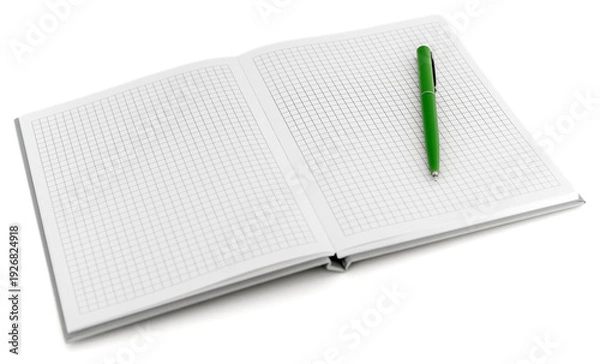 Obraz Open squared notebook with green pen on white background