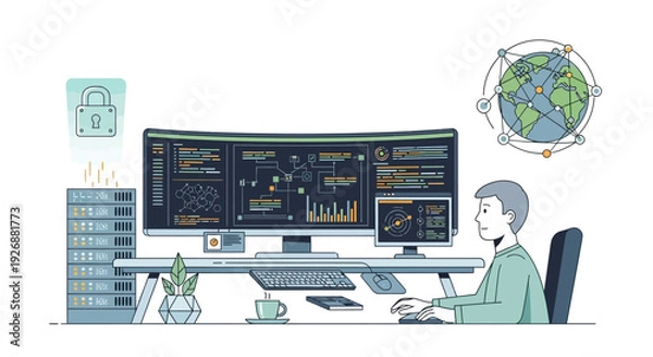 Fototapeta Man working on advanced computer system with multiple monitors.