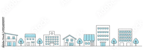 Fototapeta 街並みのイラストのバナー背景　手描き風　横長