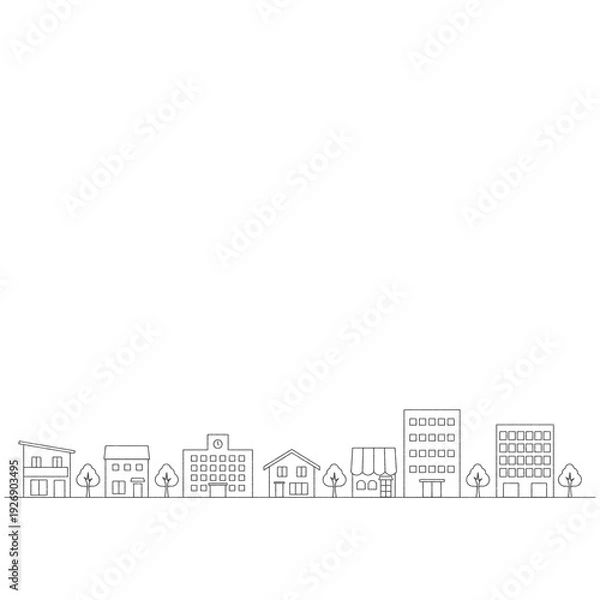 Fototapeta 街並みのイラストのバナー背景　手描き風線画　正方形