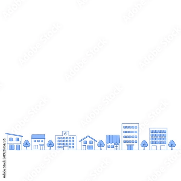 Fototapeta 街並みのイラストのバナー背景　手描き風　正方形　青