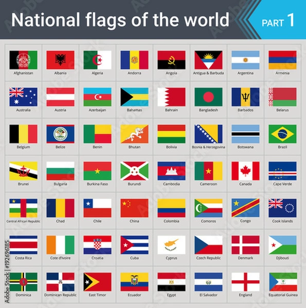 Obraz Flags of the world part 1. Collection of flags - full set of national flags isolated on gray background.