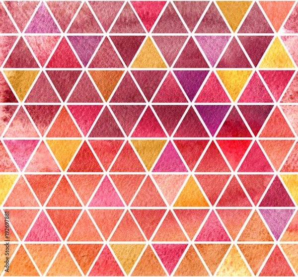 Fototapeta Watercolor background. 2d hand drawn seamless pattern with colorful triangular mosaic. Pink ruby red yellow ornament for tiles. Isolated on white backdrop