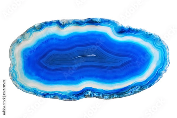 Fototapeta Amazing white blue Agate Crystal cross section isolated on white background. Natural translucent agate crystal surface, Blue abstract structure slice mineral stone macro closeup