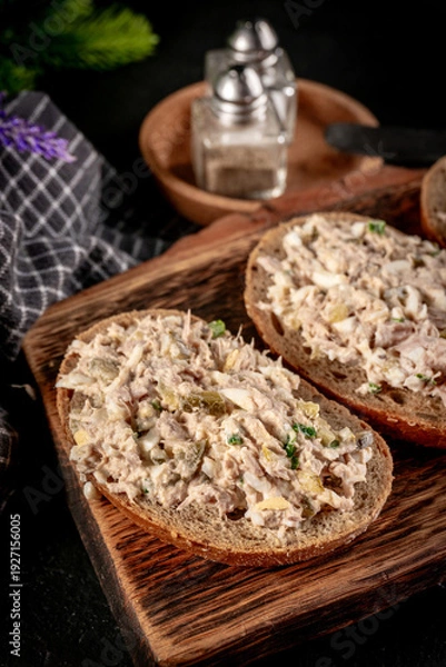 Obraz Sandwich with tuna paste and eggs.