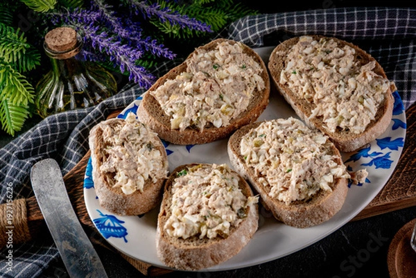 Obraz Sandwich with tuna paste and eggs.