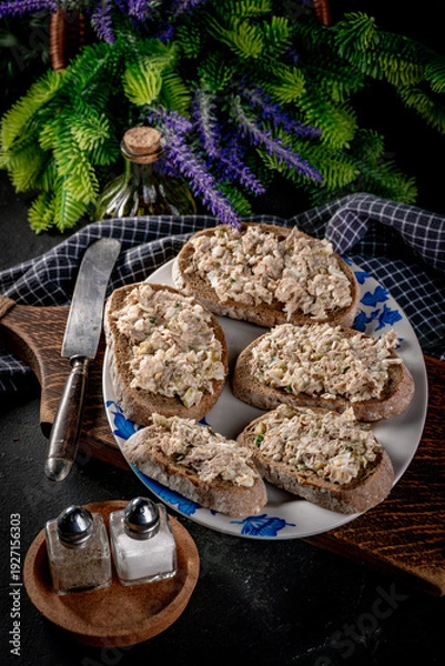 Obraz Sandwich with tuna paste and eggs.