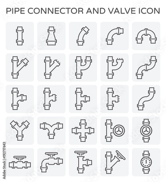 Fototapeta Pipe icon and flange fitting. Include control valve and pressure gauge. For pipeline construction and transportation liquid or gas i.e. oil, natural gas. Also for sewage, plumbing and irrigation.