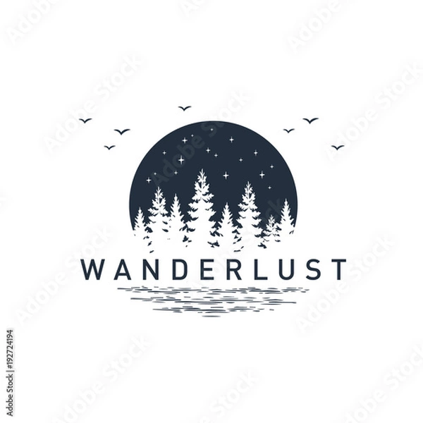 Fototapeta Ręcznie rysowane odznaka podróżna z teksturą ilustracji wektorowych sosen i inspirującym napisem „Wanderlust”.