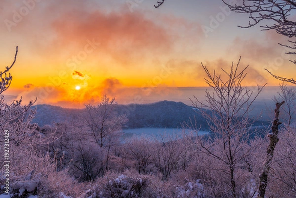 Obraz 樹氷の赤城山地蔵岳登山道から朝日に染まる樹氷と完全氷結の小沼
タイトル変更