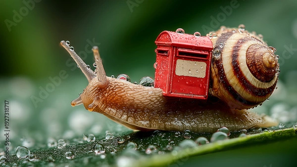 Obraz 赤い郵便受けのポストを背負って進む小さなカタツムリ