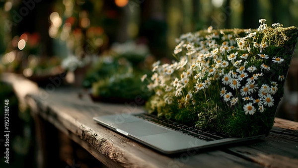 Obraz 全体が真っ白なデイジーの花々に覆われたノートパソコン