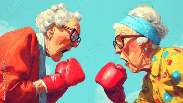 Obraz ボクシンググローブをはめて対峙する派手な衣装の二人の老女