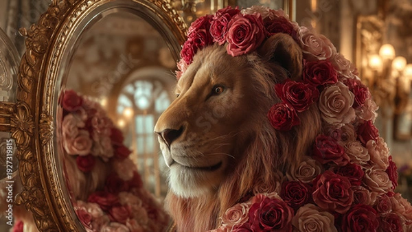 Obraz 首周りに豪華な赤いバラを纏った威厳あるライオンの肖像