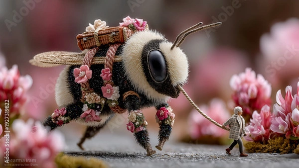 Obraz 小さなバックパックを背負って花の上を歩くミツバチ