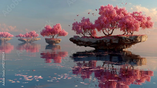Obraz 穏やかな水面に浮かぶ満開の桜の木がある幻想的な島々
