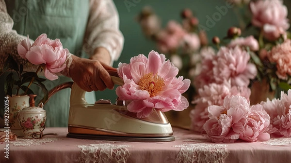 Obraz ピンクの花をアイロンで整えているシュールな手元の様子