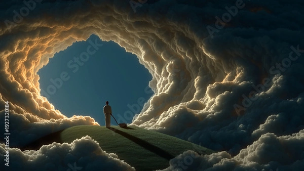 Obraz 雲の洞窟から黄金の光が差し込む中に立つ人物の幻想的なシーン