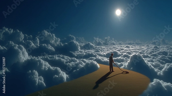 Obraz 満天の星空の下で雲の丘の上に立つ人物のシルエット