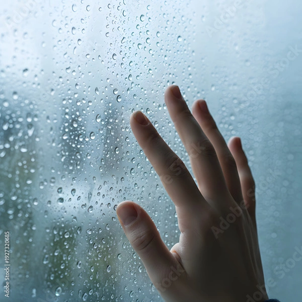 Obraz Hand Touching a Rain Covered Window