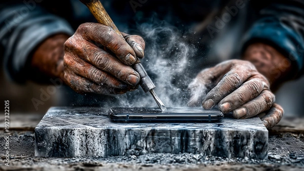 Obraz スマートフォンの画面を精密機械で修理している手元の様子