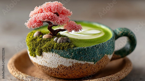 Obraz ティーカップの中に広がる満開の桜の盆栽と抹茶ラテ