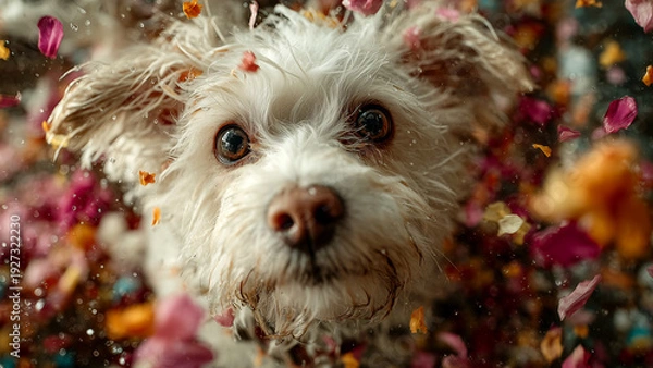 Obraz 舞い散る花びらの中にいる白い小型犬のアップ