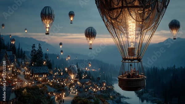 Obraz 電球のような熱気球が幻想的に浮かぶ夜の街の風景